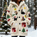 Comstylish Christmas Spooky Black Cat Art Women's Flannel Loungewear Coat