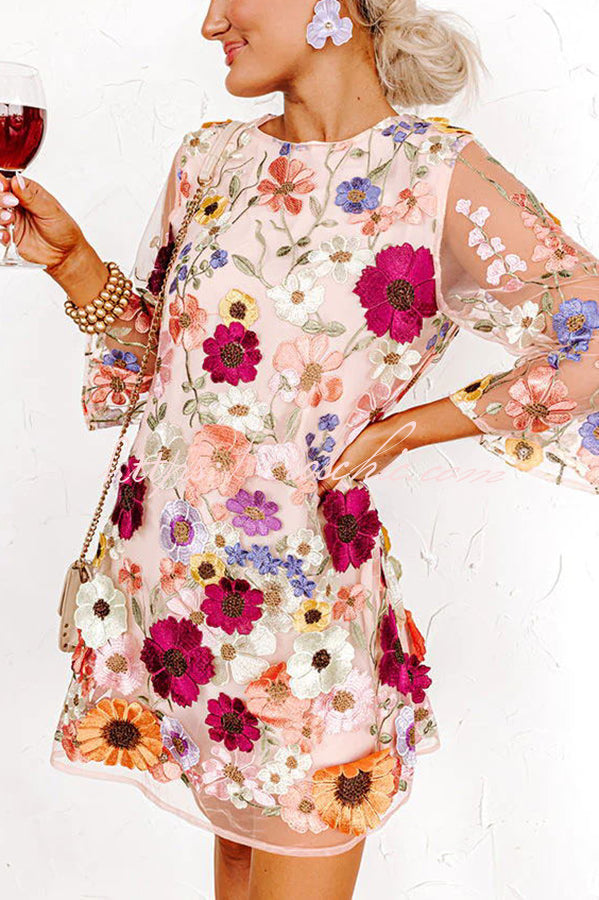 Dahlia Dreaming Embroidered Applique Half Sleeve Mini Dress