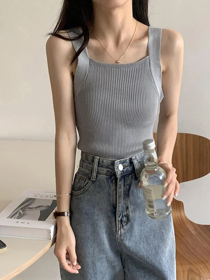 Spring Crop Tops Strapy Camis Sleeveless Tank Tops Tops Plain Camis Square Tops for Korean