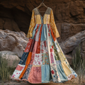 Comstylish Women's Vintage Bohemian Patch Cotton And Linen Long Sleeve Dress