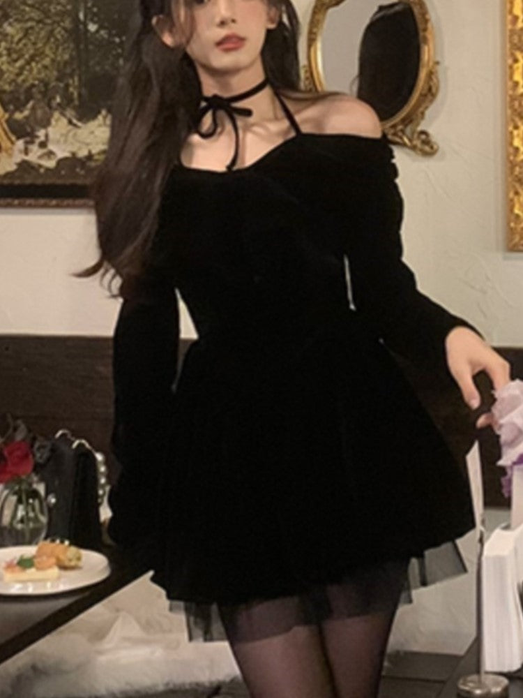 Y2k Velet Mini Dress A-line Princess Dress Mesh Ruffles Autumn Spring High Waist Lace Up Evening Party Vestidos New