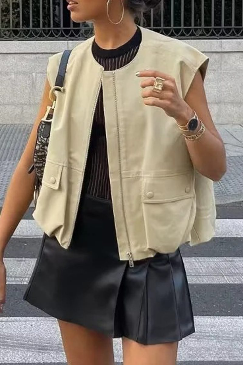 Street Color Pocket Zipper O Neck Waistcoats