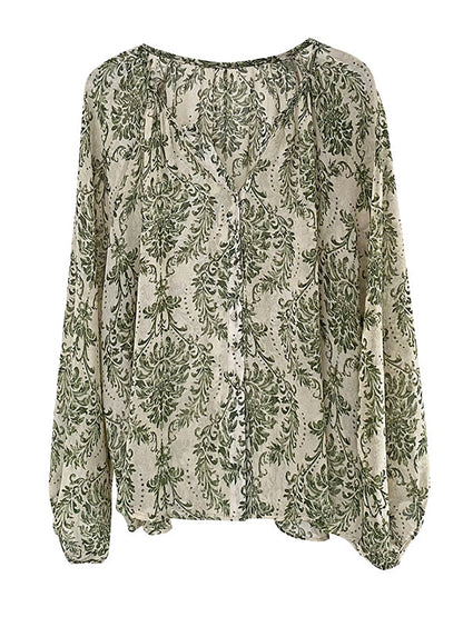 Loose Printed Sun Protection Balloon Sleeves V-neck Blouses