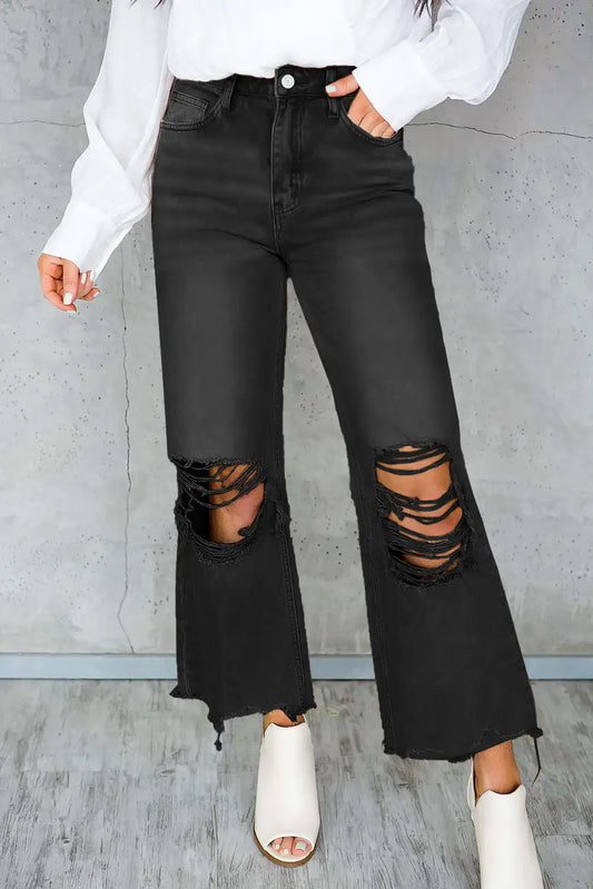 Black Distressed Cropped Flare Jeans