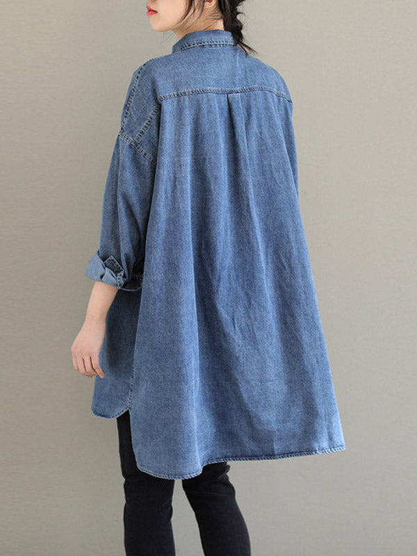 High-low Long Sleeves Asymmetric Buttoned Pockets Split-joint Lapel Blouses&shirts Tops