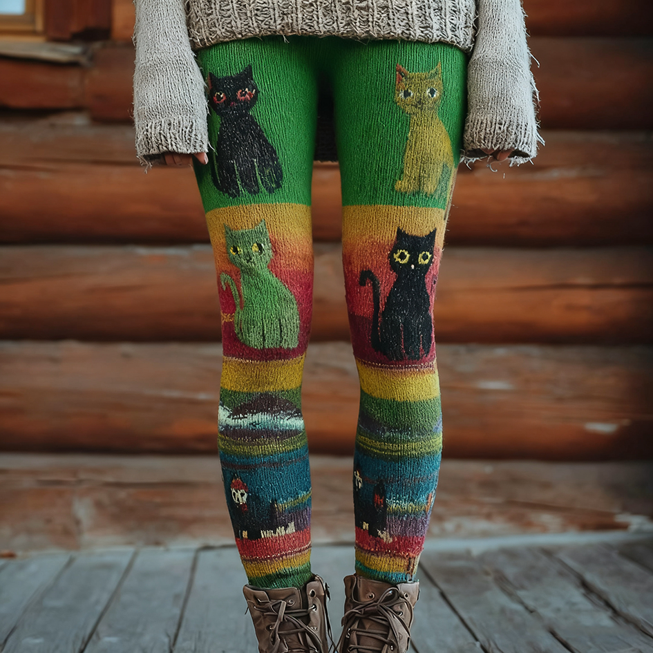 Christmas Fun Cat Knitting Tight-fitting Leggings artswardrobe