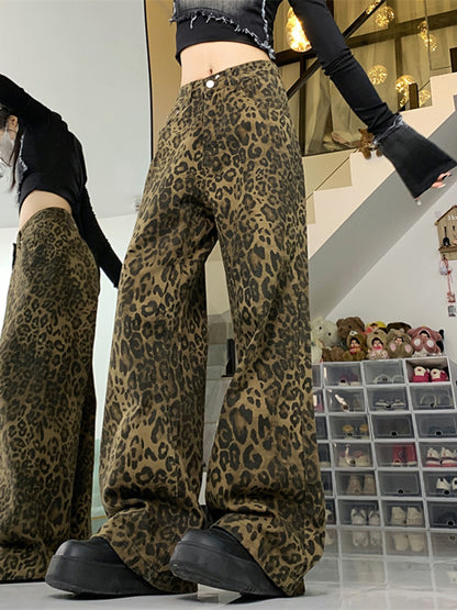 Baggy Leopard Print Y2k Jeans Trousers New High Waisted Wide Leg Pants Retro Straight Jeans