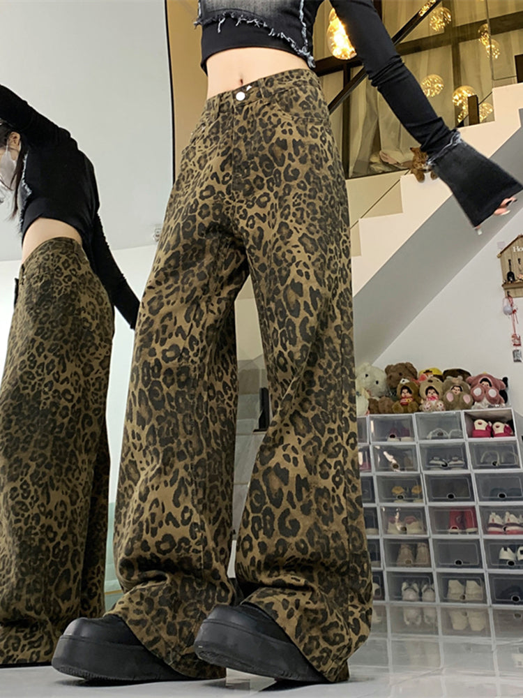 Baggy Leopard Print Y2k Jeans Trousers New High Waisted Wide Leg Pants Retro Straight Jeans