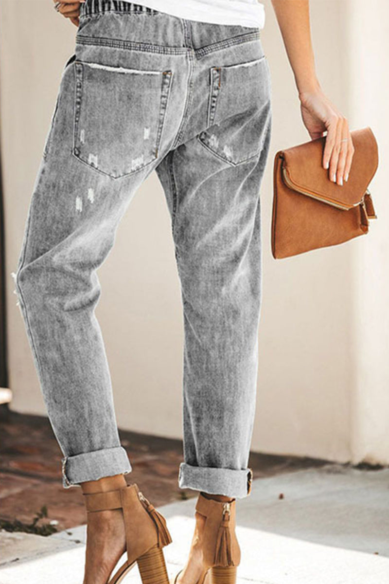 Street Color Ripped Draw String Pocket Denim Jeans(4 Colors)