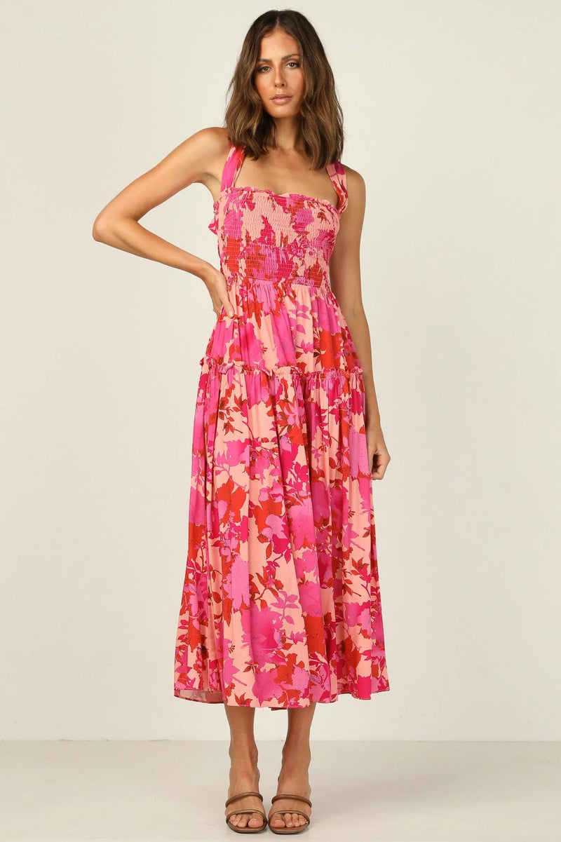 Smocked Elastic Cami Midi Dress Red