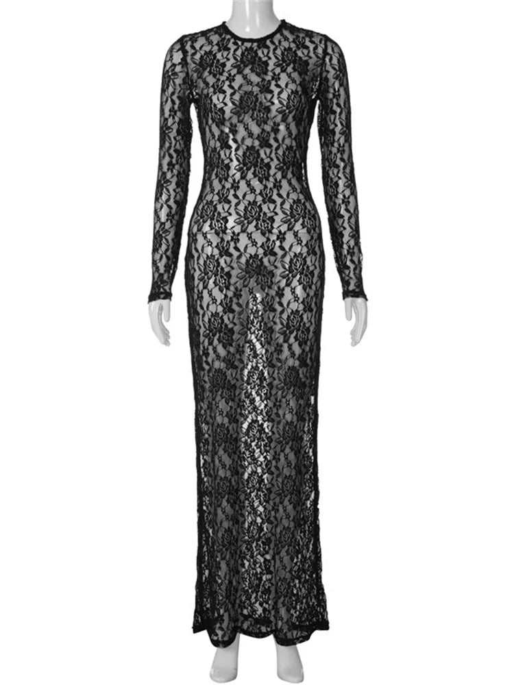 Tossy Lace See-through Printed Long Dress Female Hollow Out Slim High Waist Dress Club Clothes Maxi Dress
