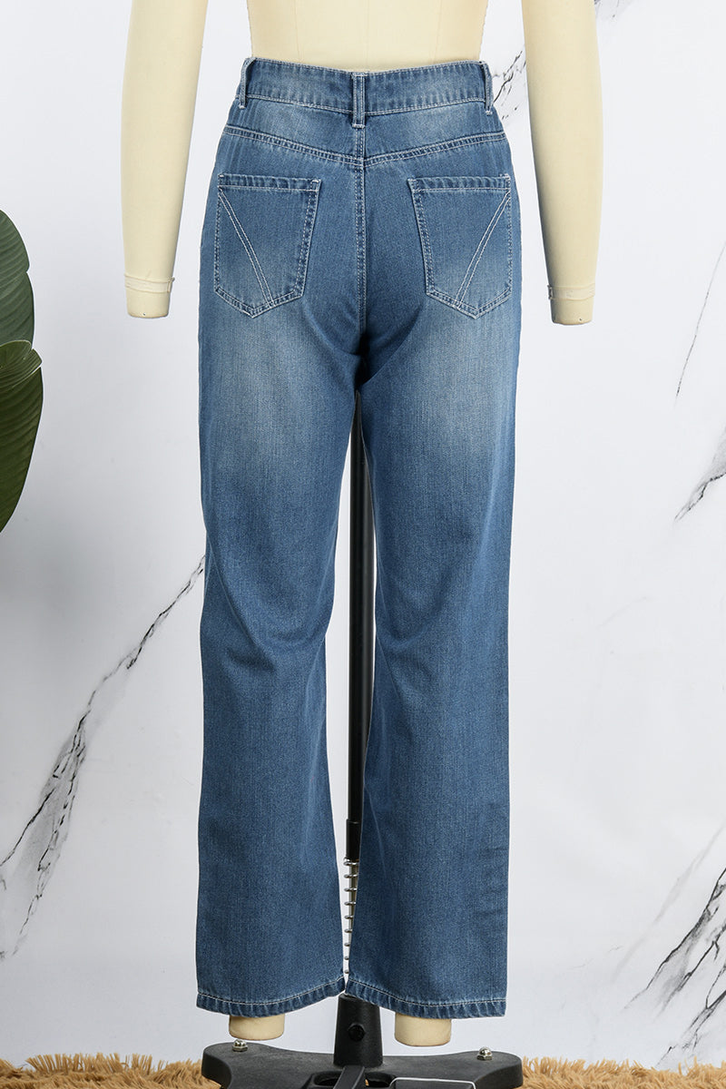 Street Ripped Buckle Low Waist Loose Denim Jeans(4 Colors)
