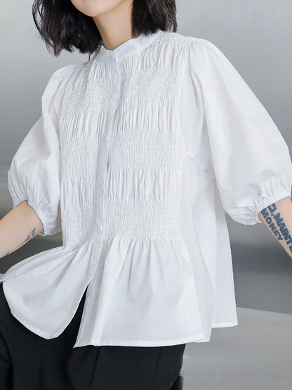 Loose Puff Sleeves Pleated Color Round-neck Blouses&shirts Tops