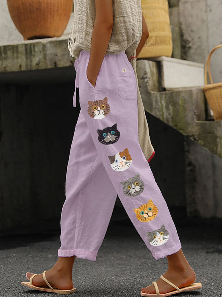 Cute Cats Animal Embroidery Pattern Linen Pants artswardrobe