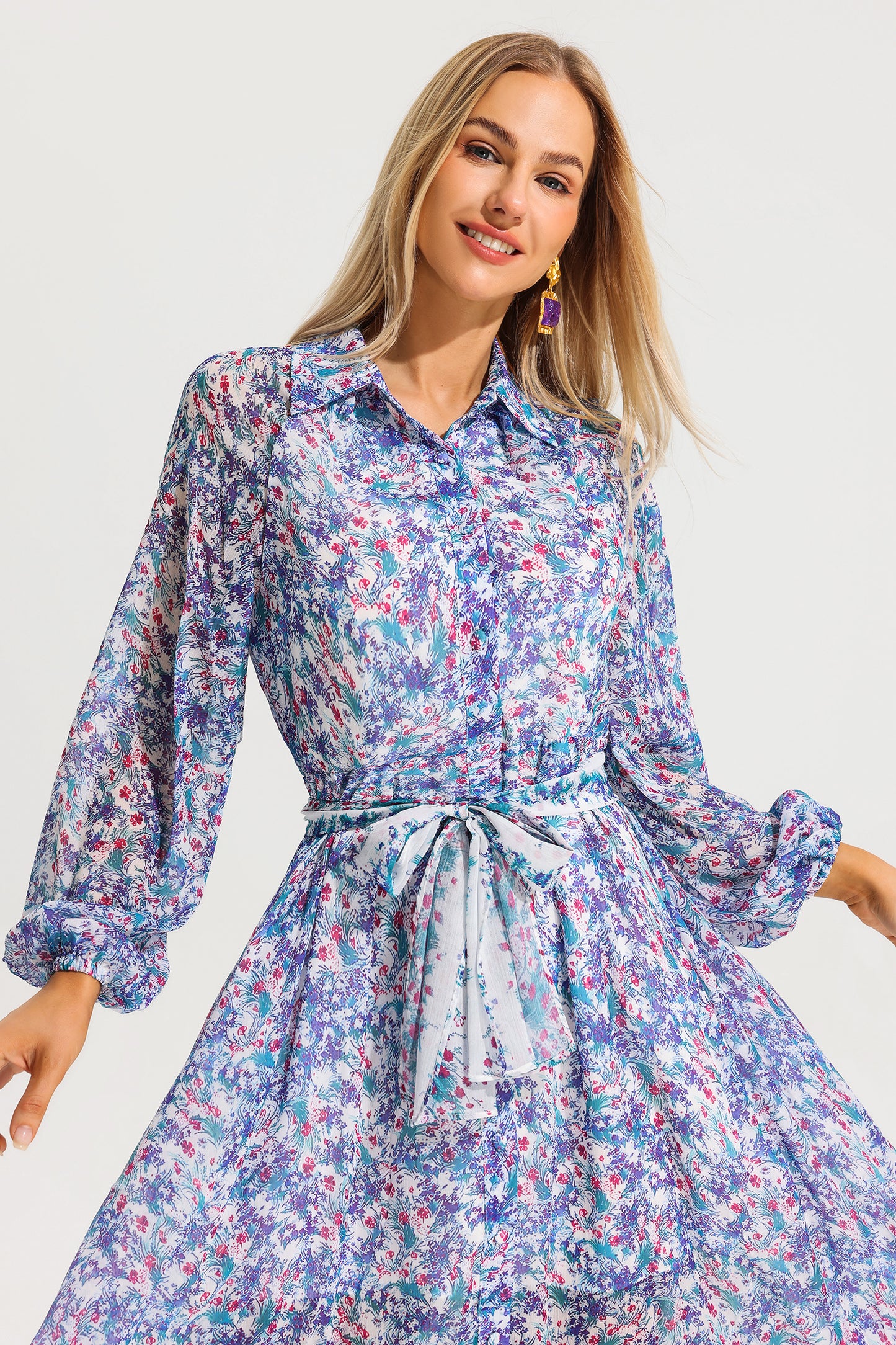 Lantern Sleeve Lapel Midi Dress