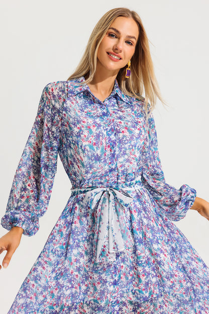 Lantern Sleeve Lapel Midi Dress