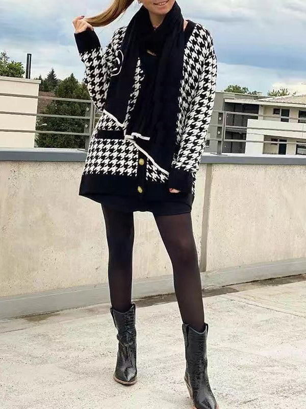 Urban Long Sleeves Checkered V-neck Cardigan Tops