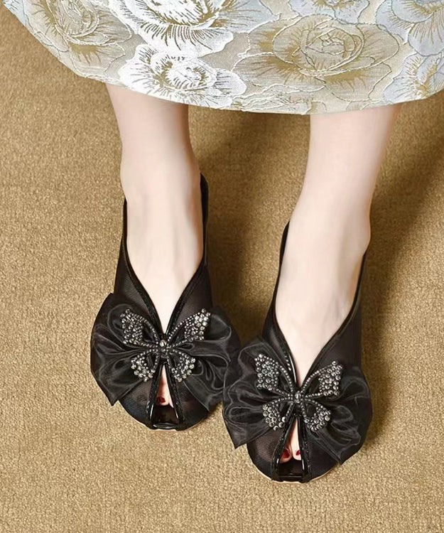 Splicing Chunky Black Tulle Bow Slide Sandals Aa007