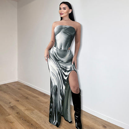 Summer 3d Body Print 2 Piece Set Strapless Bodysuits High Slit Long Skirts Sleeveless Outfits Club
