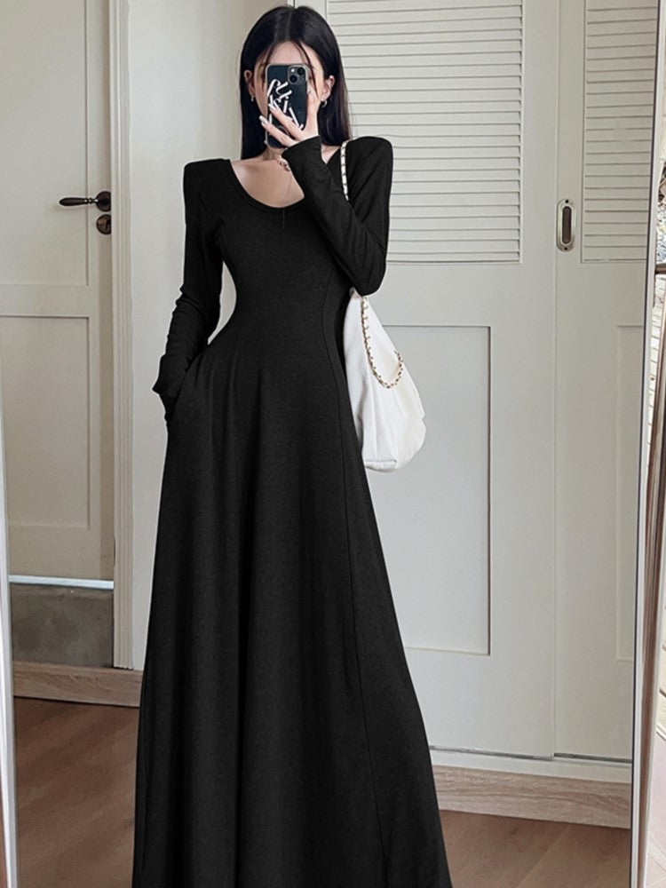 ‘s Maxi Dress Korean Long Sleeve V-neck Slim Fit A-line Autumn Spring Prom Robe Vestidos Mujer New