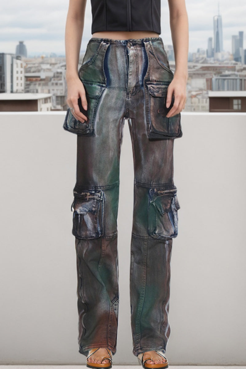 Patchwork Pocket High Waist Straight Denim Jeans