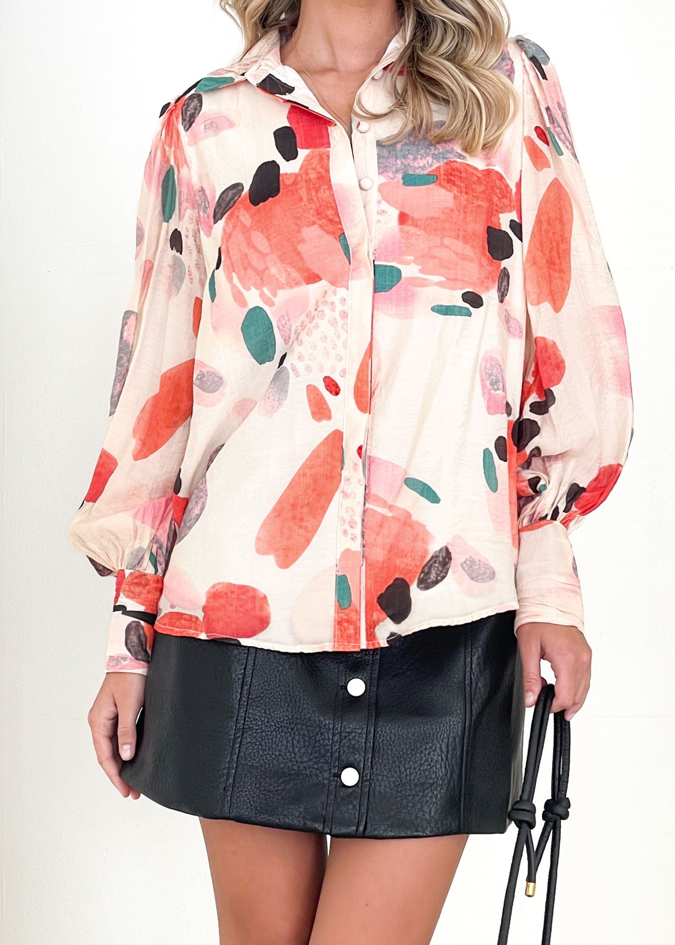 Loose Cardigan Printed Lantern Sleeve Long Sleeve Shirt for