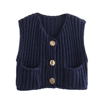 Large Buttons Color Knit Vest Cardigan