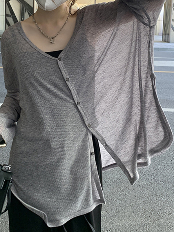 Long Sleeves Loose Buttoned Color Sun Protection V-neck Cardigan Tops