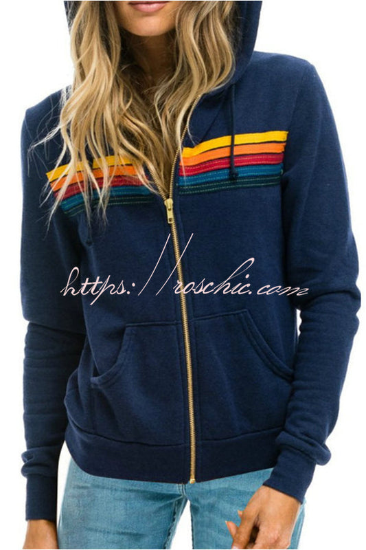 Contrast Zip Pocket Long Sleeve Hooded Coat