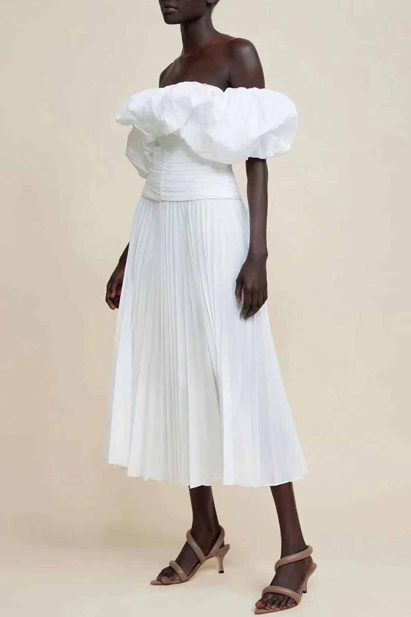 Off-shoulder Puff Sleeve Pleated Midi Dress