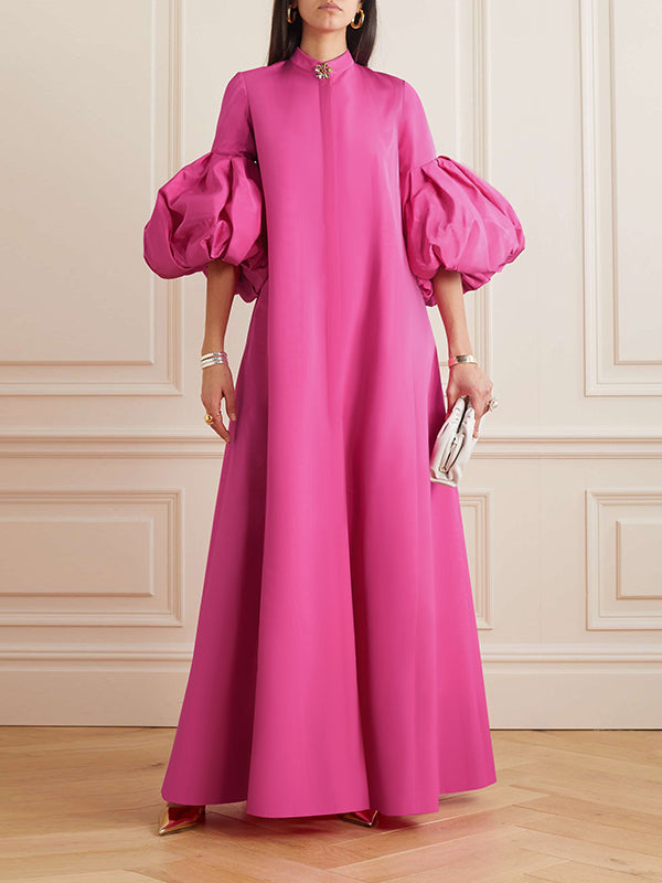 Loose Flower Shape Color Stand Collar Lantern Sleeves Maxi Dresses