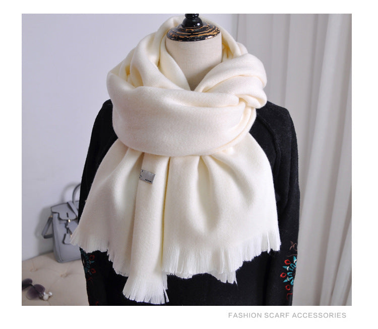 Women's Solid-color Cashmere Scarf with Thick Tassels