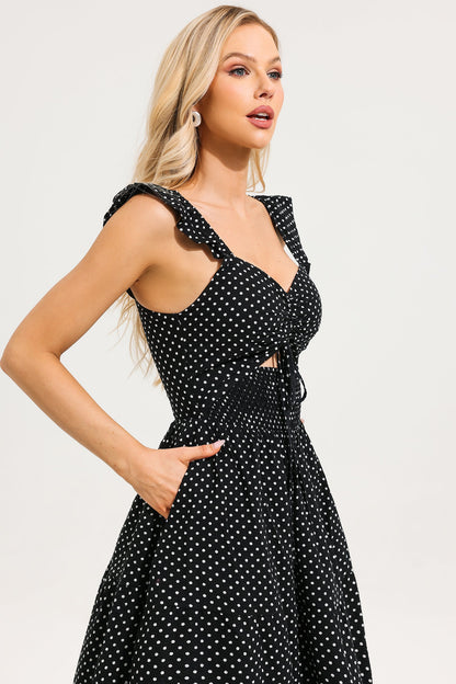 Polka Dot Ruffle Knotted Midi Dress