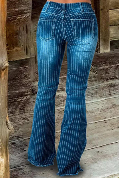Street Striped Make Old Mid Waist Regular Denim Jeans