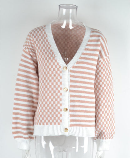 Autumn Winter Knitted Plaid Stitching Striped Cardigan Coat Sweater