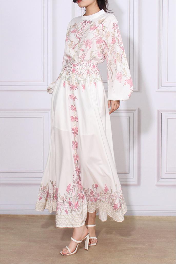 Puff Sleeve Top ?bow High Waist Maxi Skirt Set