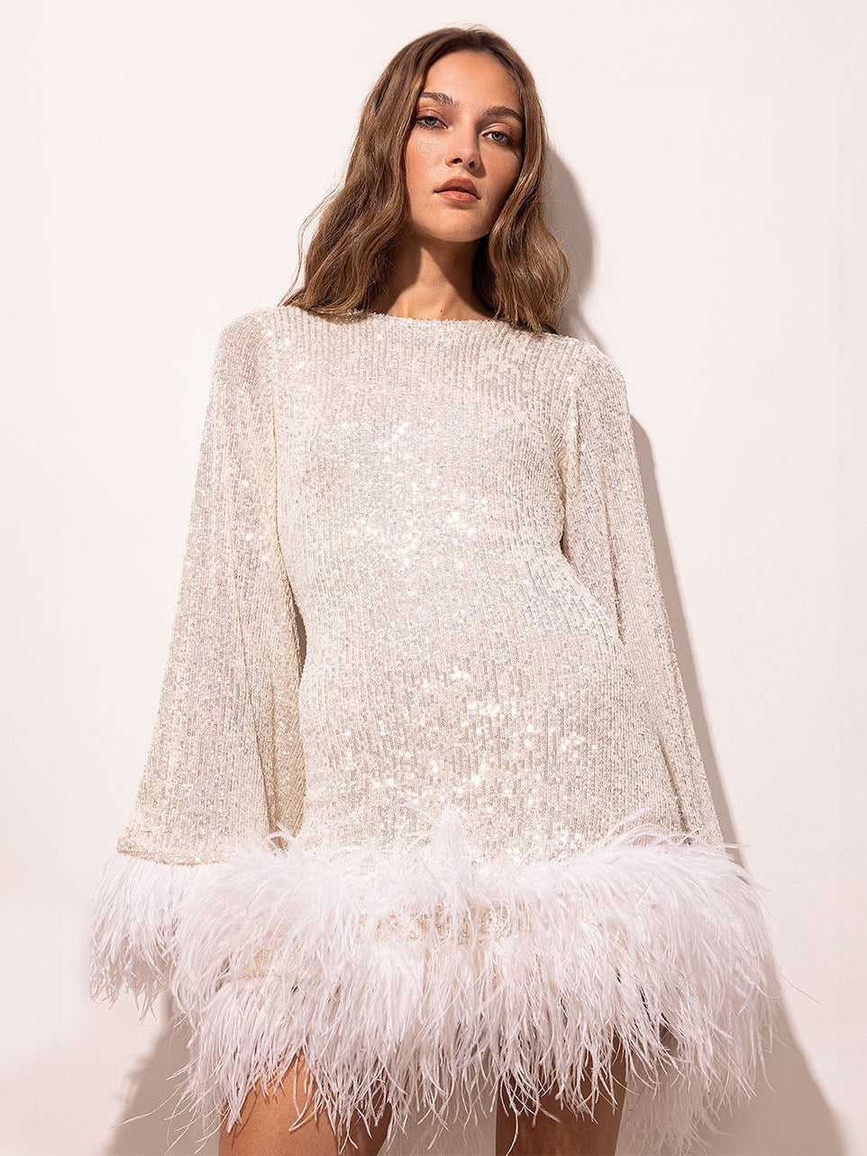 White Sequins Dress Flared Sleeves Feather Trim Backless Mini Dresses