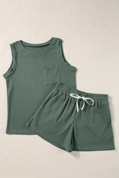 Mist Green Waffle Knit Tank Shorts Set