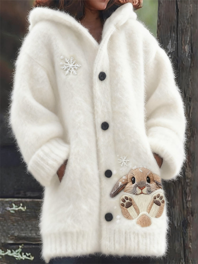 Lovely Bunny & Snow Embroidered Cozy Knit Hooded Cardigan artswardrobe