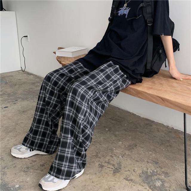 Oversize Pants Sweatpants Summer Black Plaid Pants Elastic Waist Pockets Student Trousers