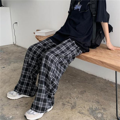 Oversize Pants Sweatpants Summer Black Plaid Pants Elastic Waist Pockets Student Trousers