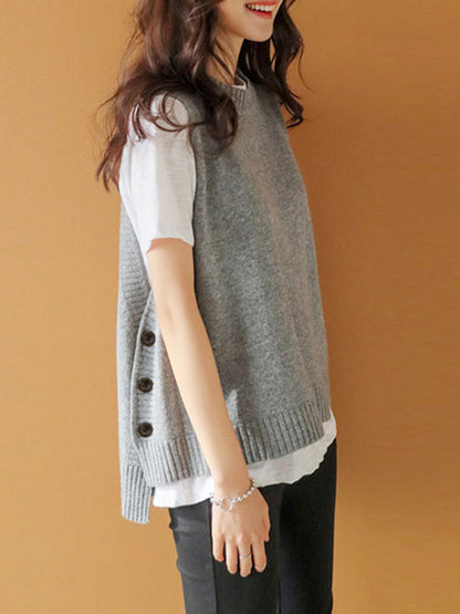 Simple Sleeveless Loose Buttoned Color Round-neck Sweater Vest Outerwear