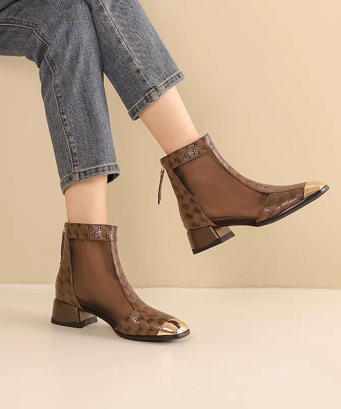 New Summer Coffee Tulle Splicing Chunky Heel Sandals Boots Oi050