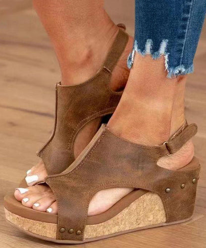 European American Style Black Splicing Wedge Sandals Hollow Out Peep Toe Uu011