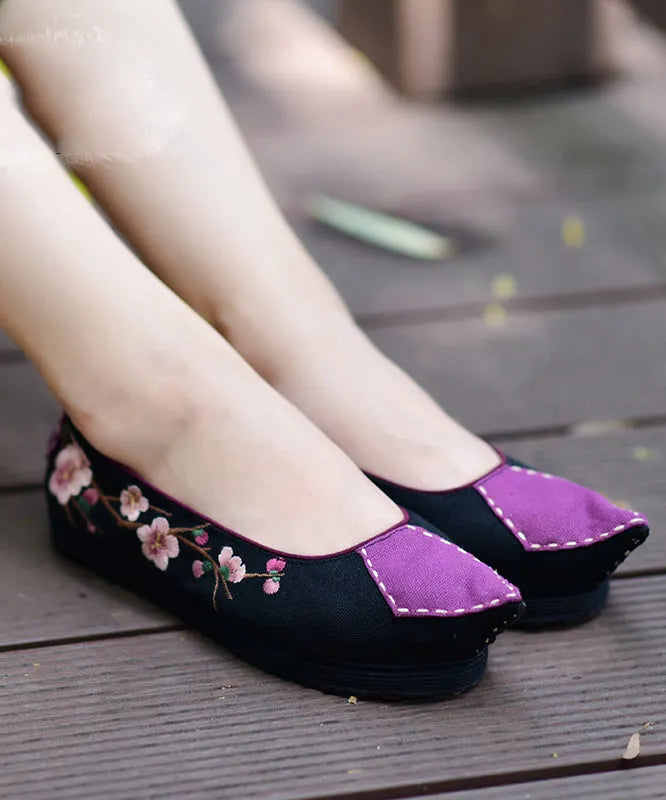 Pointed Toe Flat Shoes for Black Cotton Fabric Embroidered Splicing Flats