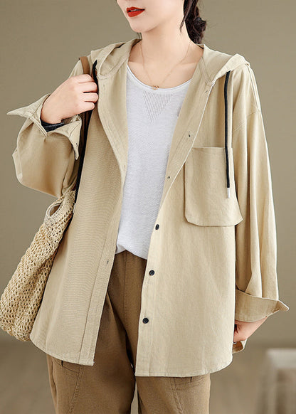 Brick Red Hooded Pockets Cotton Coat Fall