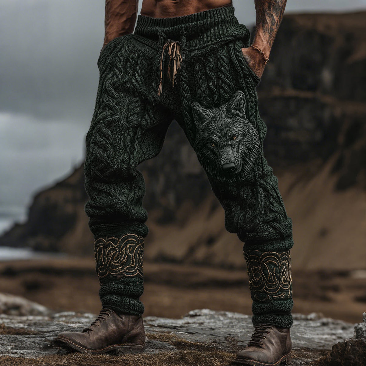 Men's Vintage Viking Wolf Celtic Knot Cozy Chunky Knit Sweatpants artswardrobe