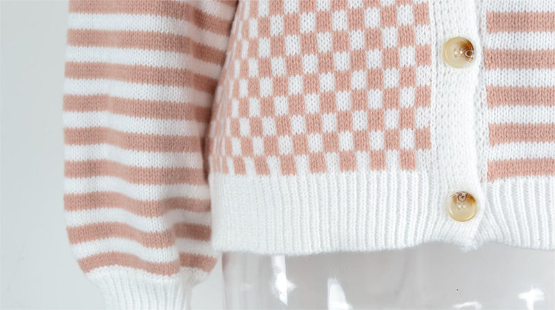 Autumn Winter Knitted Plaid Stitching Striped Cardigan Coat Sweater