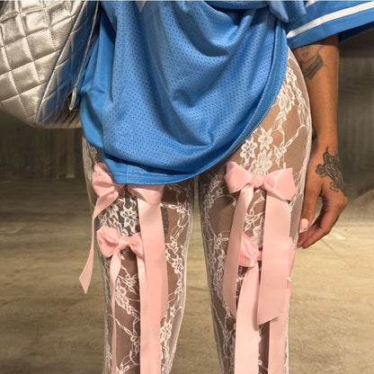 Taruxy Bow Splice Lace Pants Sheer Slim High Waist Bottoms Hot Beach Party Club See Through Pant