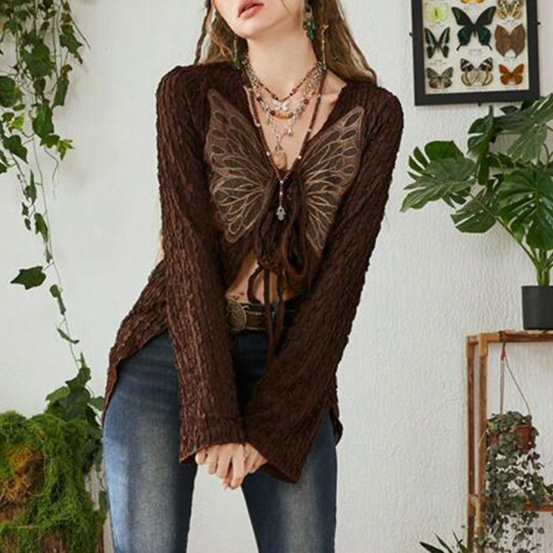 Retro Texture Butterfly Tied Top – Irregular Asymmetric V Neck Cardigan